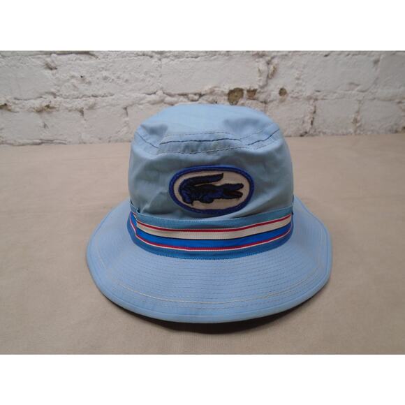 Vintage 80s Izod Lacoste Bucket Hat Blue Alligator Patch Logo Striped Size 7 1/4 - Picture 1 of 11